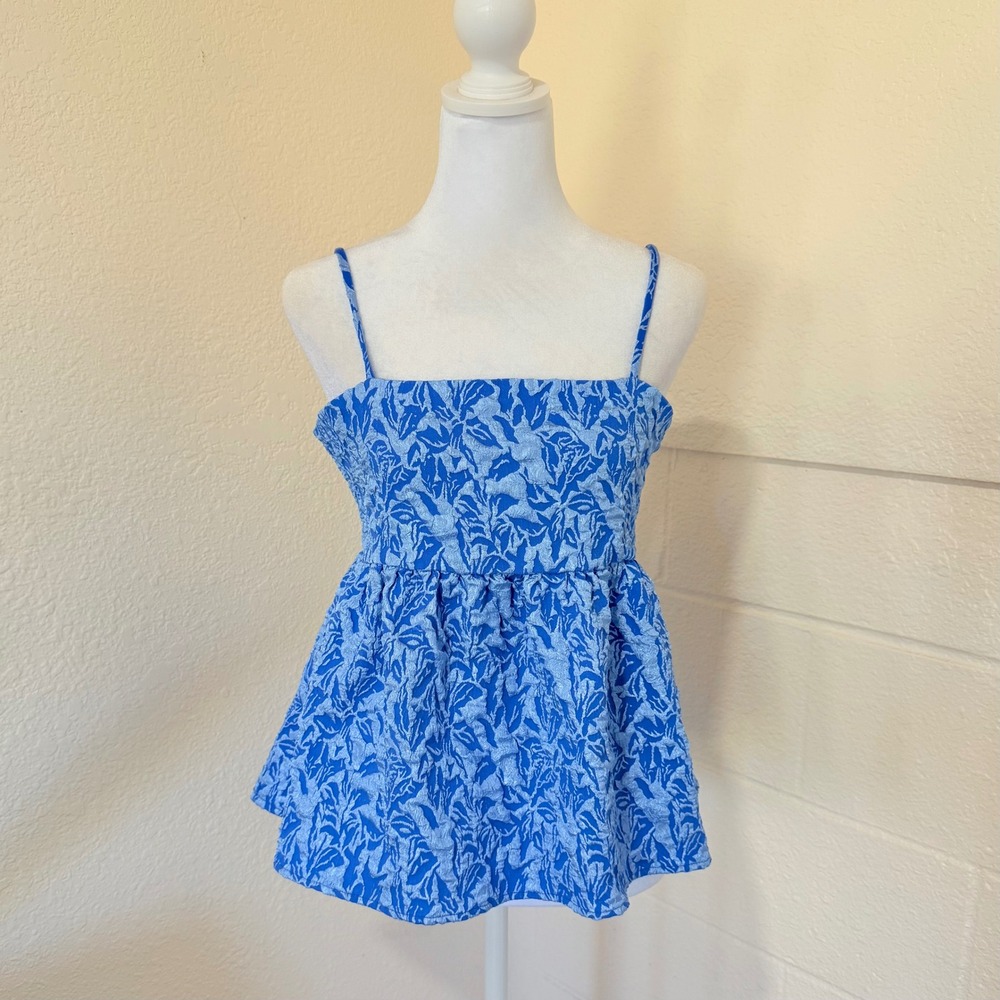 THML Jacquard‎ Camisole Babydoll Top Womens Size M Blue Peplum Bow Back Boho